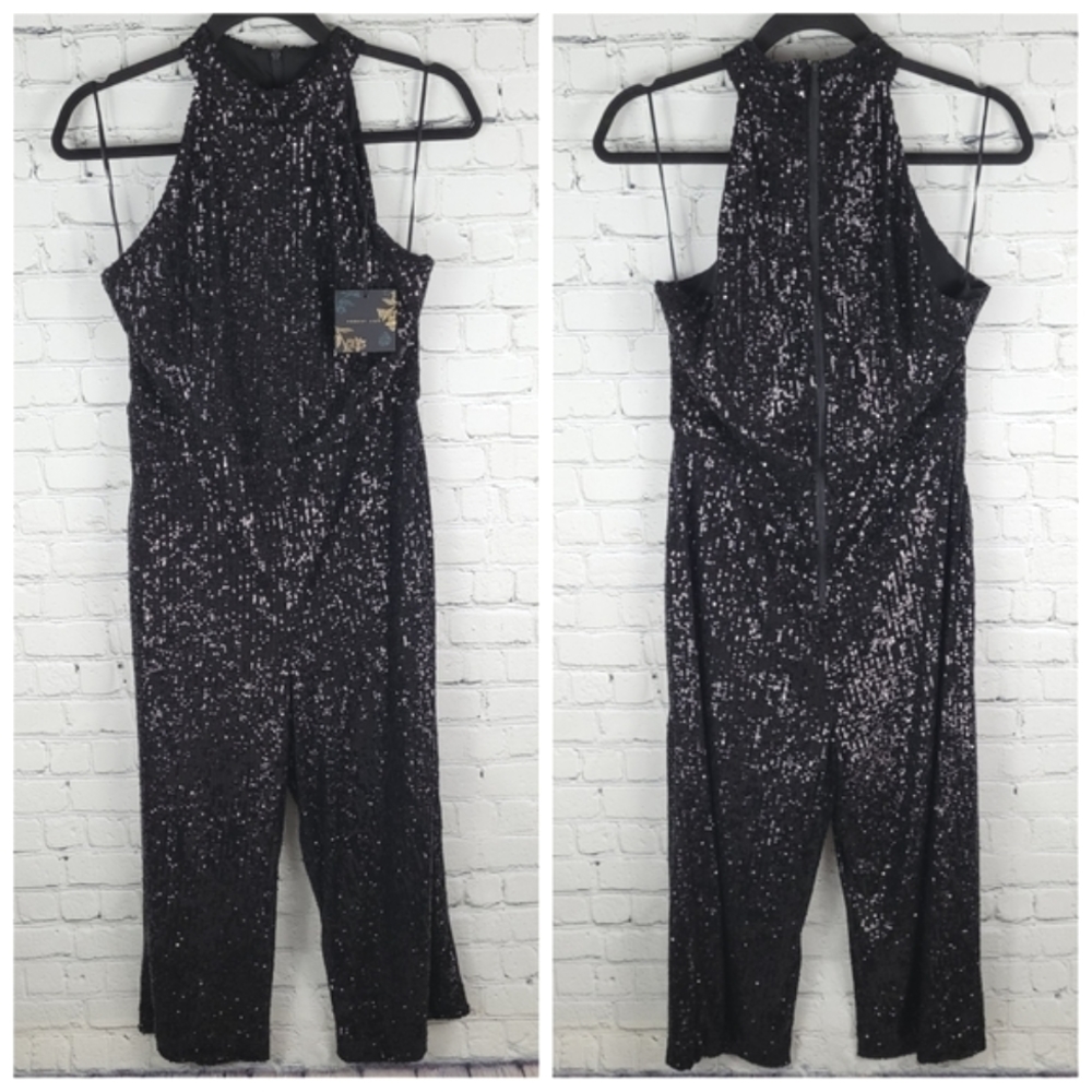 FOREST LILY | wide leg crop full sequin halter pocket jumpsuit